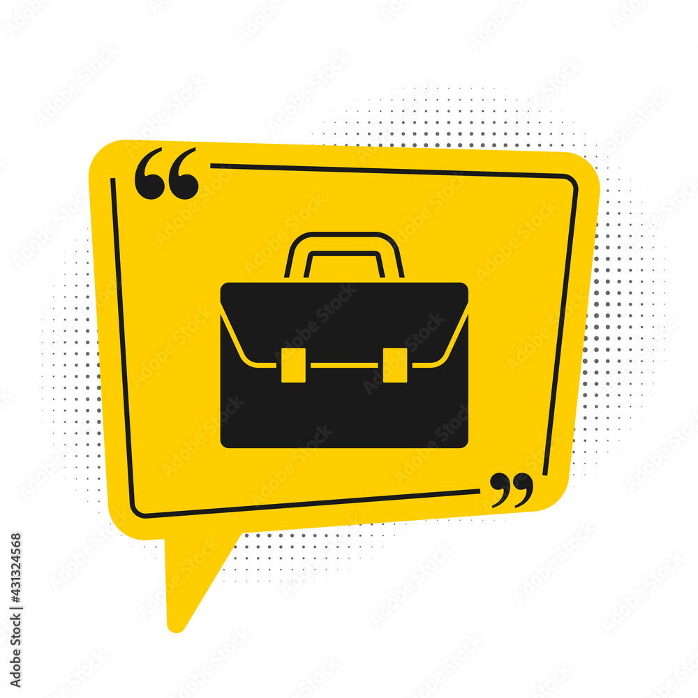 Black Briefcase icon isolated on white background. Business case sign. Business portfolio. Yellow speech bubble symbol. Vector Black Briefcase icon isolated on white background. Business case sign. Business portfolio. Yellow speech bubble symbol. Vector