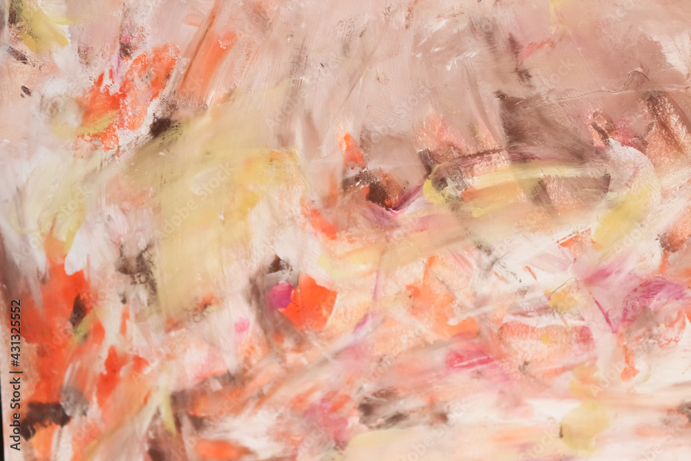 Abstract painting with chaotic rough brush strokes of the artist. Abstract pattern in modern surrealism with acrylic paints in a single copy. Close-up of a painting of white, orange and other colors Abstract painting with chaotic rough brush strokes of the artist. Abstract pattern in modern surrealism with acrylic paints in a single copy. Close-up of a painting of white, orange and other colors