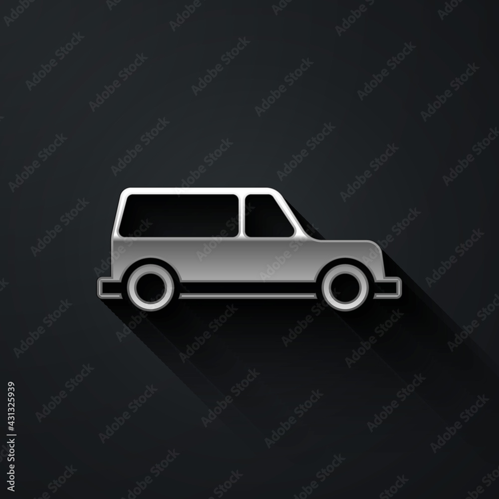 Silver Hearse car icon isolated on black background. Long shadow style. Vector