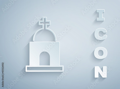 Paper cut Old crypt icon isolated on grey background. Cemetery symbol. Ossuary or crypt for burial of deceased. Paper art style. Vector