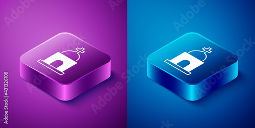 Isometric Old crypt icon isolated on blue and purple background. Cemetery symbol. Ossuary or crypt for burial of deceased. Square button. Vector