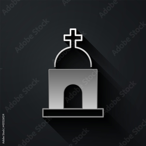 Silver Old crypt icon isolated on black background. Cemetery symbol. Ossuary or crypt for burial of deceased. Long shadow style. Vector