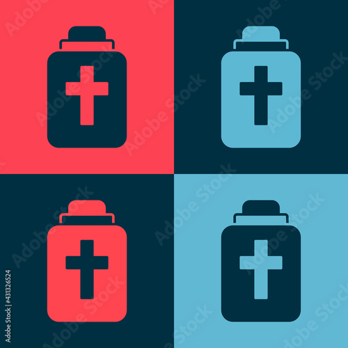 Pop art Funeral urn icon isolated on color background. Cremation and burial containers, columbarium vases, jars and pots with ashes. Vector