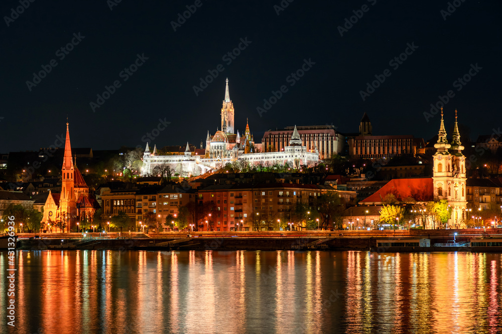 Night Budapest, Fisherman's Bastion, reflection of night lights on the water, cityscape