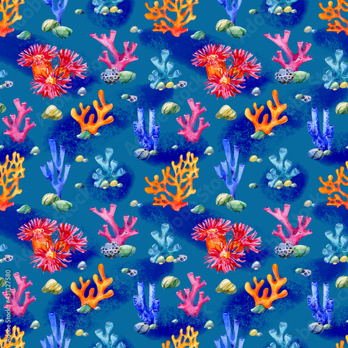 Watercolor underwater pattern. Sea plants  seaweed  corals and stones on a dark blue background. 