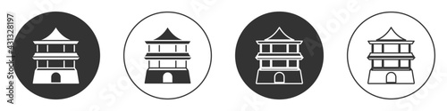 Black Traditional chinese house icon isolated on white background. Circle button. Vector