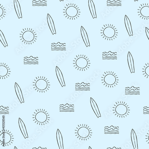 Summer beach seamless pattern with sun waves surfboard Ocean symbol Hand drawn sketch elements Cartoon children's style Fashion print clothes apparel greeting invitation card cover flyer poster banner