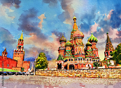 Canvas Print The amazing colorful sky with Moscow Kremlin and Saint Basil's Cathedral on Red Square, which is the most popular tourist attraction in Moscow, Russia