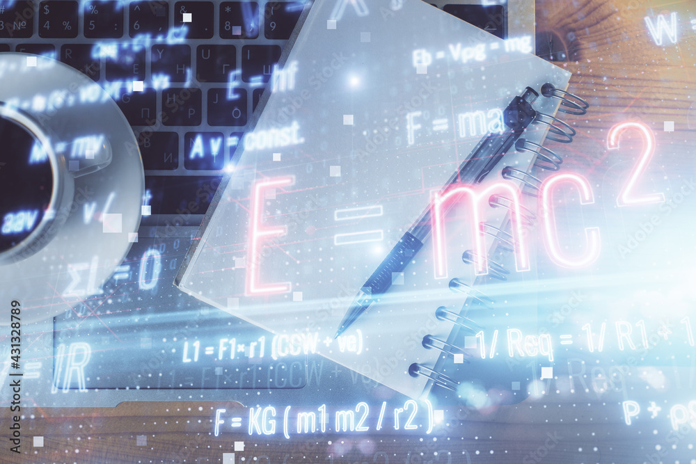 Double exposure of tech formula drawing and work table top veiw. concept of education. Double exposure of tech formula drawing and work table top veiw. concept of education.