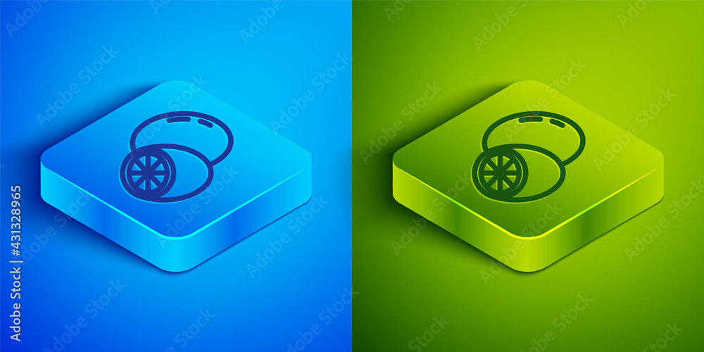 Isometric line Orange fruit icon isolated on blue and green background. Square button. Vector Isometric line Orange fruit icon isolated on blue and green background. Square button. Vector