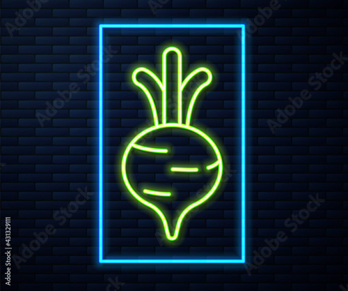 Glowing neon line Fresh beet with leaf icon isolated on brick wall background. Natural Root. Vegetable Ingredient for food. Vector