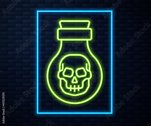Glowing neon line Poison in bottle icon isolated on brick wall background. Bottle of poison or poisonous chemical toxin. Vector