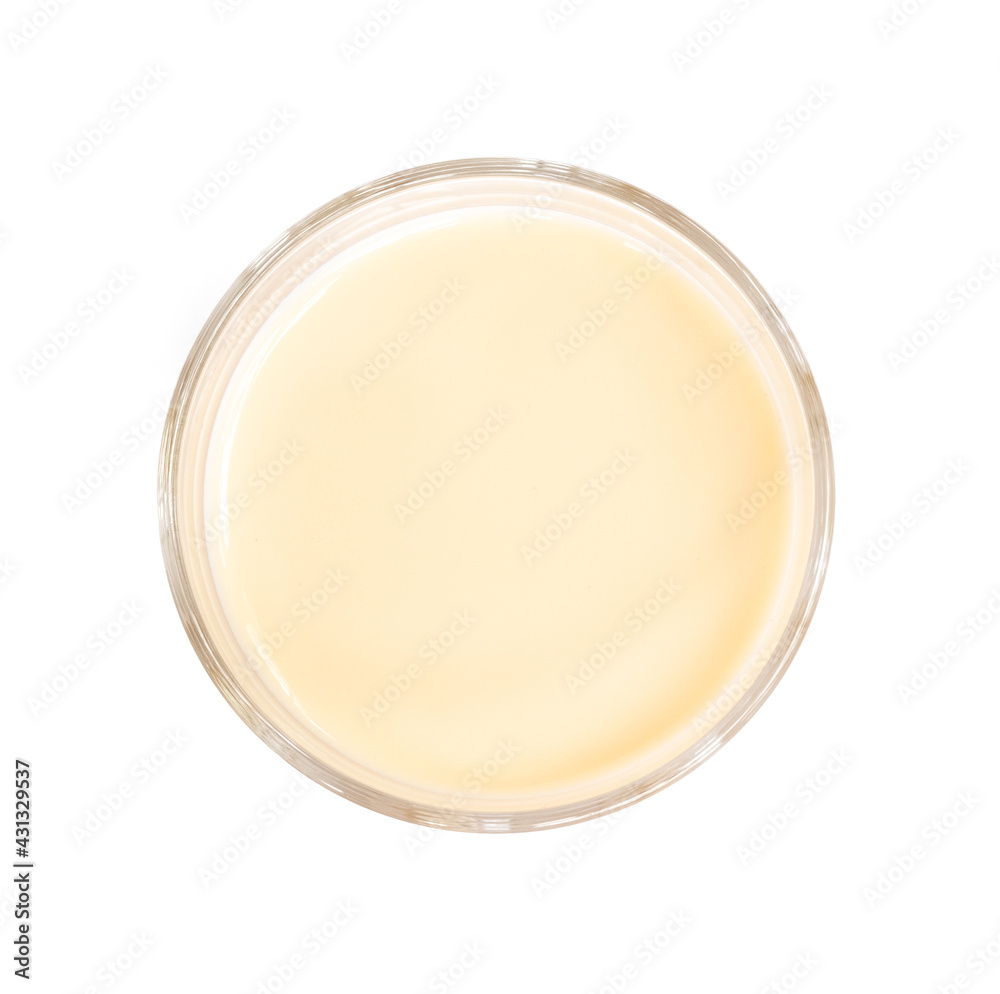 Soy milk in glass on a white background, Top View 