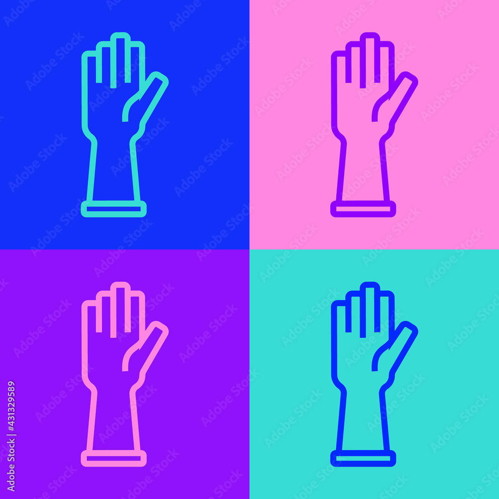 Pop art line Medical rubber gloves icon isolated on color background. Protective rubber gloves. Vector Pop art line Medical rubber gloves icon isolated on color background. Protective rubber gloves. Vector