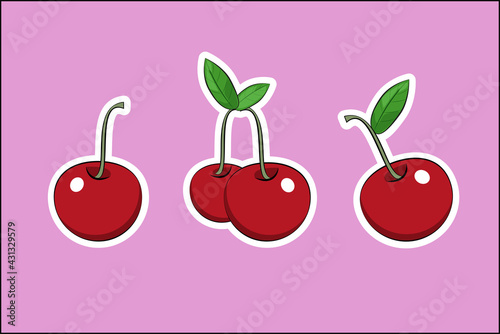 Isolated red cherries. Trendy hand-drawn vector cherry berries sticker on a pink background. All elements are isolated. Summer berries and healthy eating concept. Modern clip art berry set.