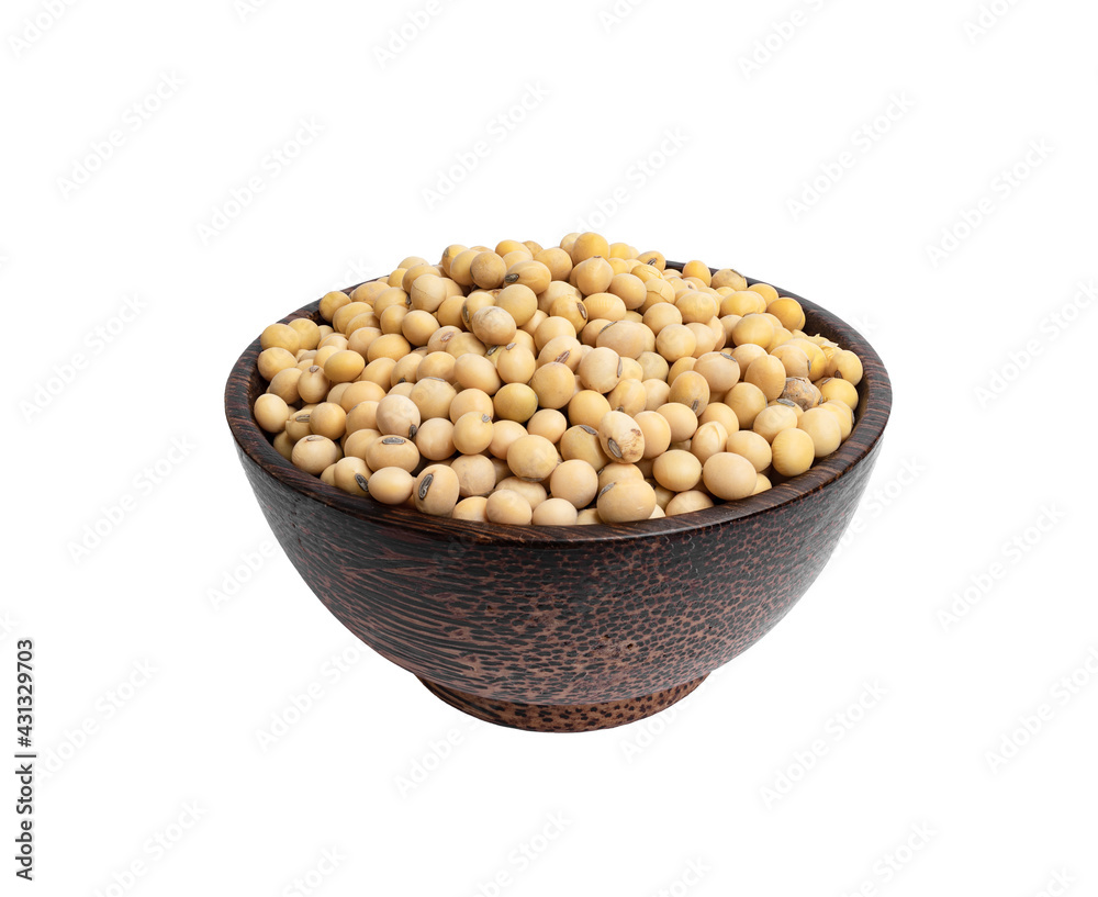 Soybean seeds in wooden bowl isolated on white background.