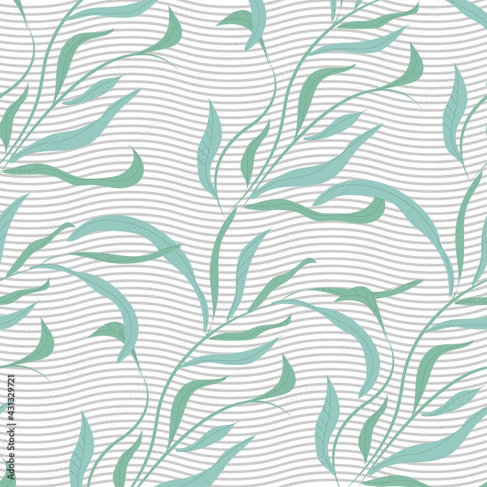 Abstract spring leaf pattern and stripes. Seamless pattern design for wrapping paper, stationery, textiles. Vector illustrated nerds.  Modern leafs pattern.