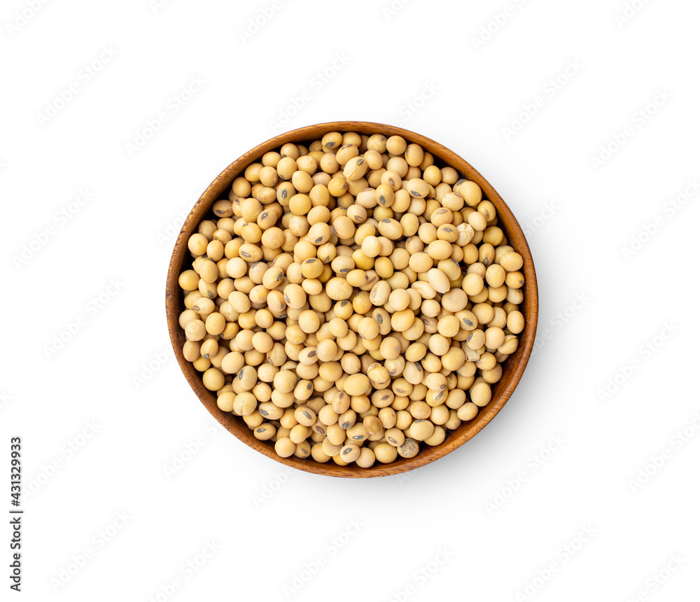 Top view of soybean seeds in wooden bowl isolated on white background Top view of soybean seeds in wooden bowl isolated on white background