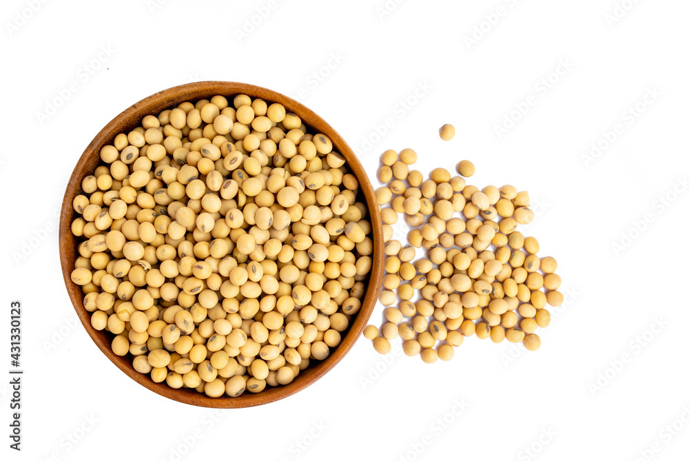 Top view of soybean seeds in wooden bowl isolated on white background Top view of soybean seeds in wooden bowl isolated on white background