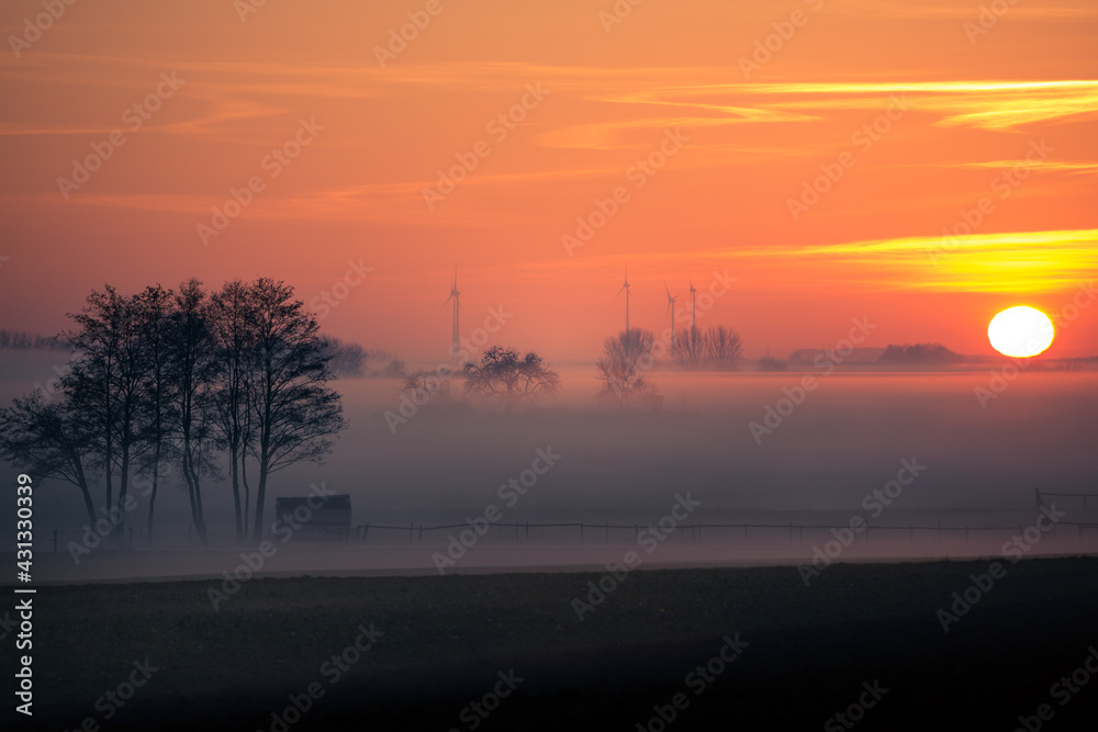 sunset fog landscape
