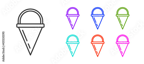 Black line Fire cone bucket icon isolated on white background. Metal cone bucket empty or with water for fire fighting. Set icons colorful. Vector