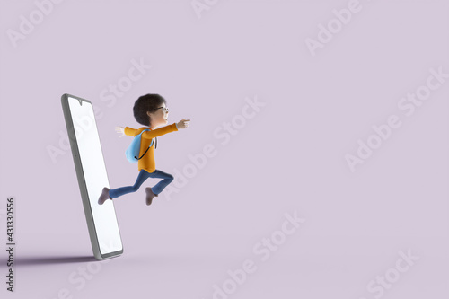 A cartoon 3D kid jumping out of a smart phone towards the empty copy space. 3D rendering.