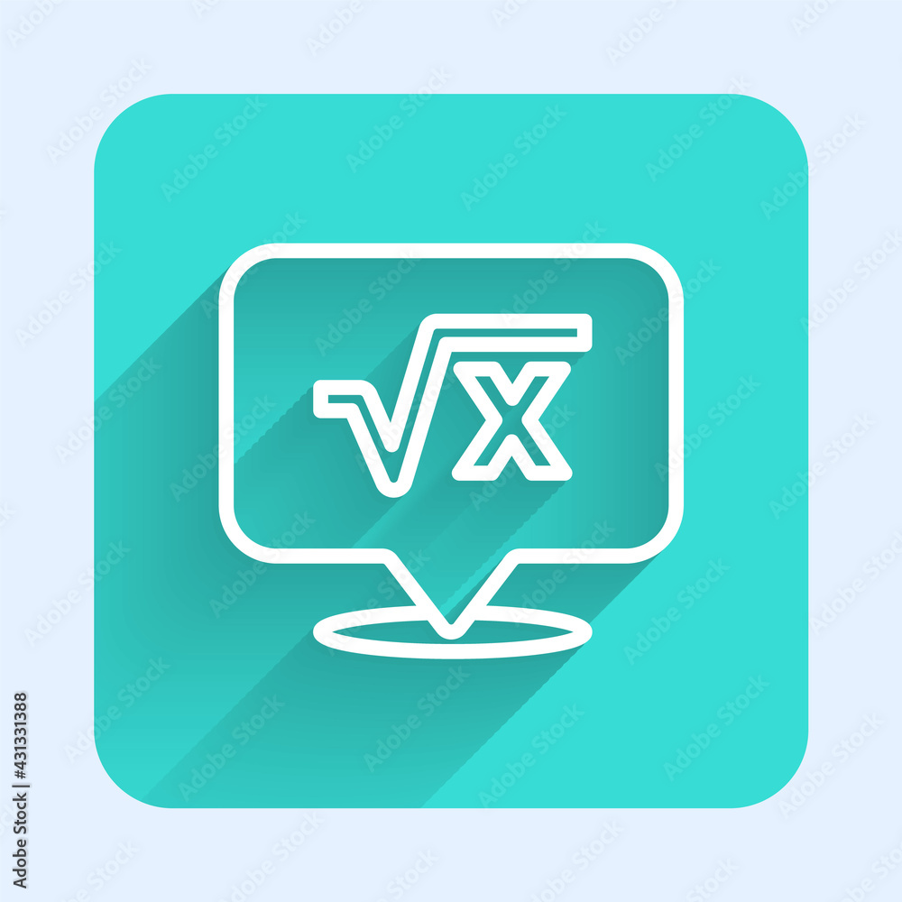 White line Square root of x glyph icon isolated with long shadow. Mathematical expression. Green square button. Vector White line Square root of x glyph icon isolated with long shadow. Mathematical expression. Green square button. Vector