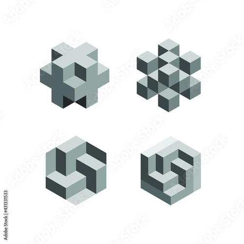 Square Cube Logo collection set bundle- block element perspective geometric abstract design vector line art geometry shape grid mosaic