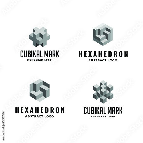 Square Cube Logo collection set bundle- block element perspective geometric abstract design vector line art geometry shape grid mosaic