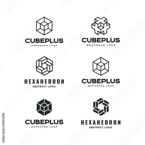Square Cube Logo collection set bundle- block element perspective geometric abstract design vector line art geometry shape grid mosaic