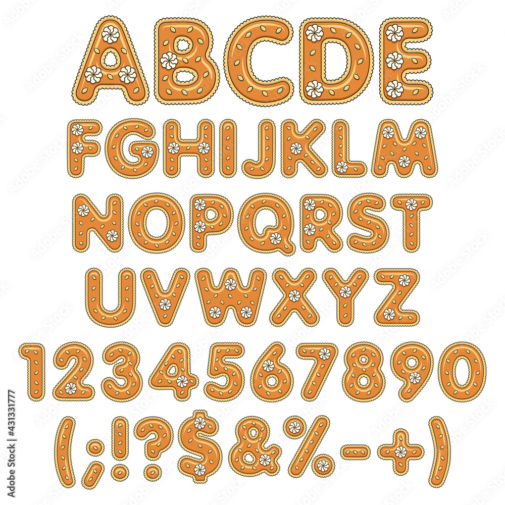 Pumpkin pie alphabet, letters, numbers and signs decorated with cream and pumpkin seeds. Isolated vector objects on a white background. Pumpkin pie alphabet, letters, numbers and signs decorated with cream and pumpkin seeds. Isolated vector objects on a white background.