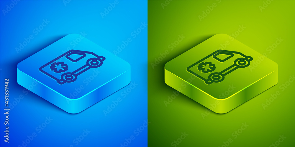 Isometric line Ambulance and emergency car icon isolated on blue and green background. Ambulance vehicle medical evacuation. Square button. Vector Isometric line Ambulance and emergency car icon isolated on blue and green background. Ambulance vehicle medical evacuation. Square button. Vector