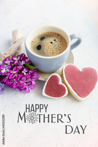 happy mother's day sweet wish card, festive breakfast coffee cup cookies heart shape 