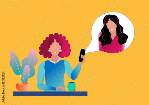 Woman is making a videocall with her daughter from home, sitting at a desk with a cup and flowers in a pot, both are happy to talk distantly. High quality photo