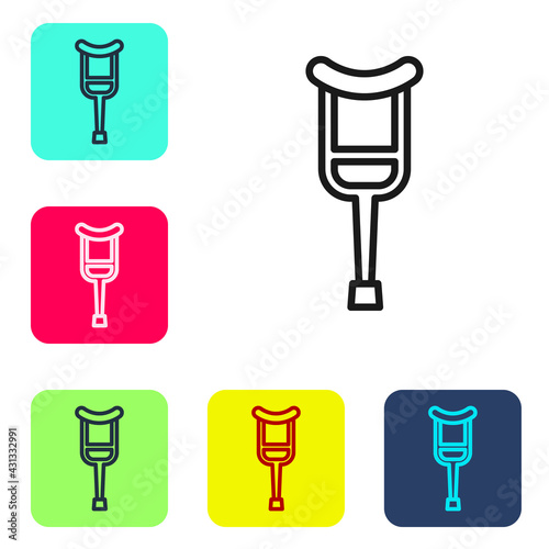 Black line Crutch or crutches icon isolated on white background. Equipment for rehabilitation of people with diseases of musculoskeletal system. Set icons in color square buttons. Vector © Kostiantyn