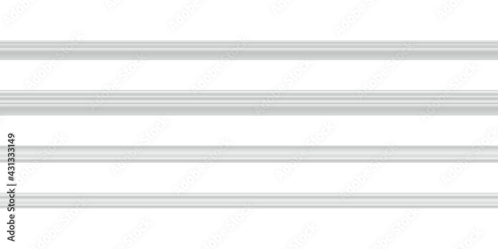 Vector illustration different shapes skirting boards for wall or floor isolated on white background. Set of realistic white seamless baseboards in flat style. Plastic or wood molding patterns.