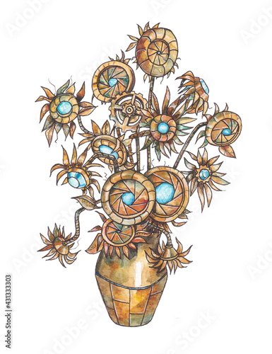 Watercolor illustration steampunk bouquet of mechanical sunflowers in a bronze vase on a white background