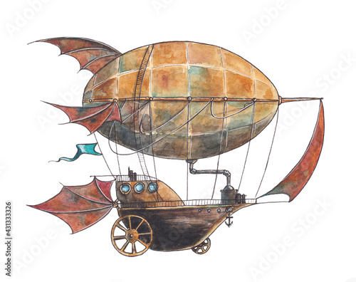 Obraz na plátně Watercolor illustration of a steampunk airship