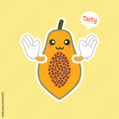 cute and kawaii cartoon style papaya characters for healthy food, vegan and cooking design. Topical fruit papaya, vitamins and nutrition, healthy food and juice drink ingredient