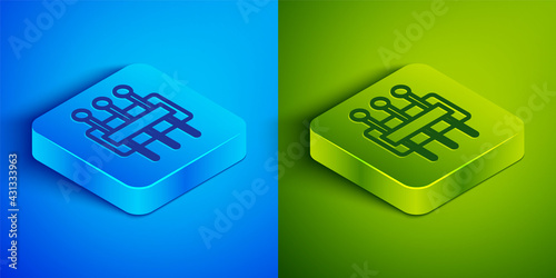 Isometric line Needle for sewing icon isolated on blue and green background. Tailor symbol. Textile sew up craft sign. Embroidery tool. Square button. Vector