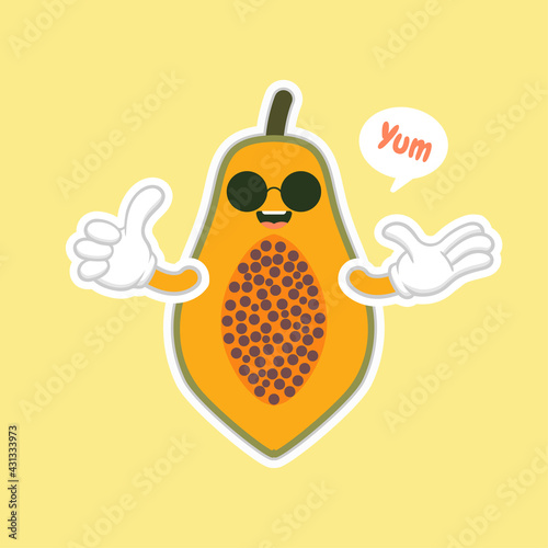 cute and kawaii cartoon style papaya characters for healthy food, vegan and cooking design. Topical fruit papaya, vitamins and nutrition, healthy food and juice drink ingredient
