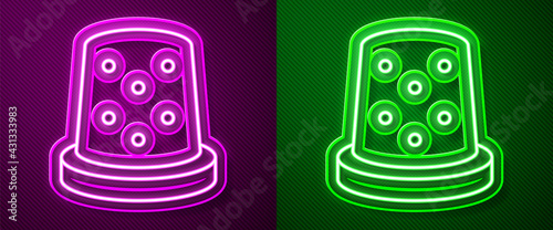 Glowing neon line Thimble for sewing icon isolated on purple and green background. Vector
