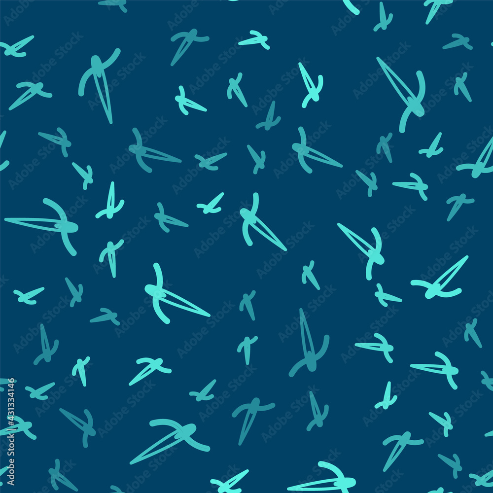 Green line Needle for sewing with thread icon isolated seamless pattern on blue background. Tailor symbol. Textile sew up craft sign. Embroidery tool. Vector