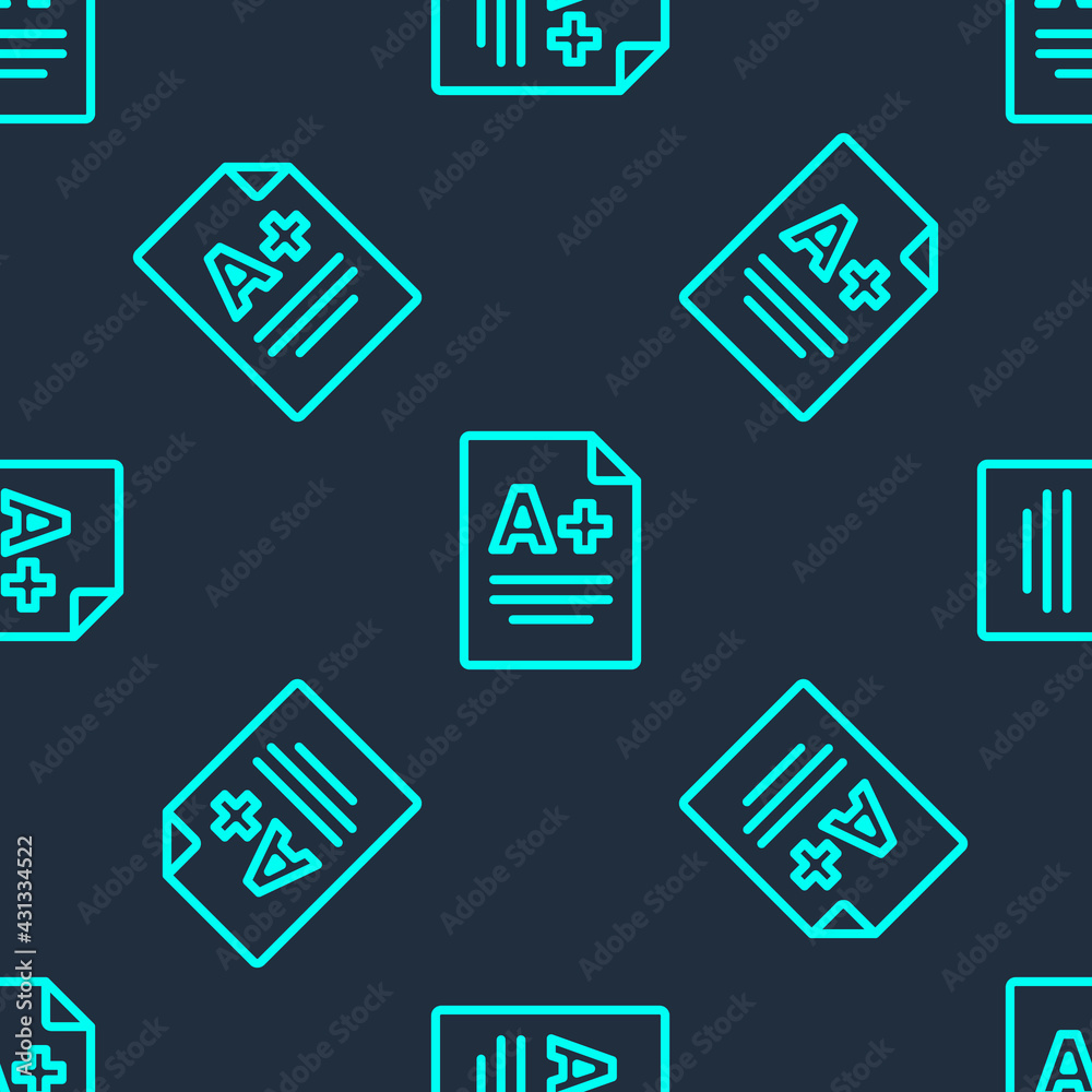Green line Exam sheet with A plus grade icon isolated seamless pattern on blue background. Test paper, exam, or survey concept. School test or exam. Vector Green line Exam sheet with A plus grade icon isolated seamless pattern on blue background. Test paper, exam, or survey concept. School test or exam. Vector