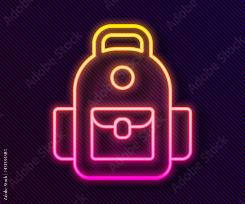 Glowing neon line School backpack icon isolated on black background. Vector