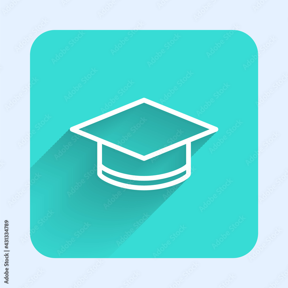 White line Graduation cap icon isolated with long shadow. Graduation hat with tassel icon. Green square button. Vector White line Graduation cap icon isolated with long shadow. Graduation hat with tassel icon. Green square button. Vector