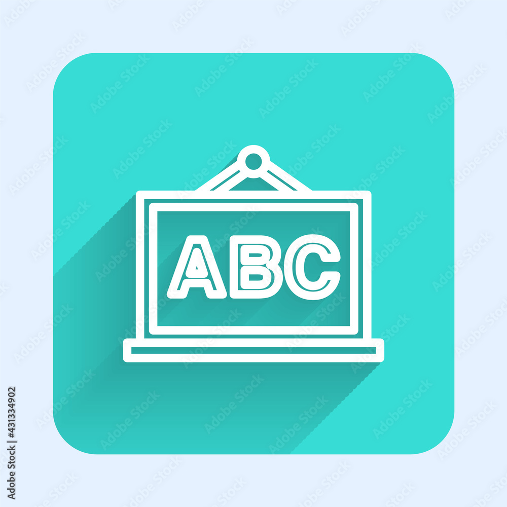 White line Chalkboard icon isolated with long shadow. School Blackboard sign. Green square button. Vector White line Chalkboard icon isolated with long shadow. School Blackboard sign. Green square button. Vector