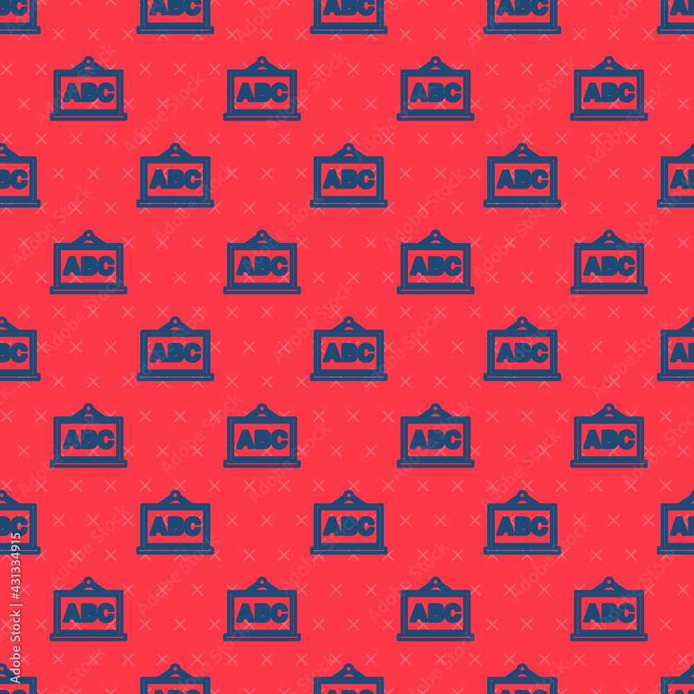 Blue line Chalkboard icon isolated seamless pattern on red background. School Blackboard sign. Vector