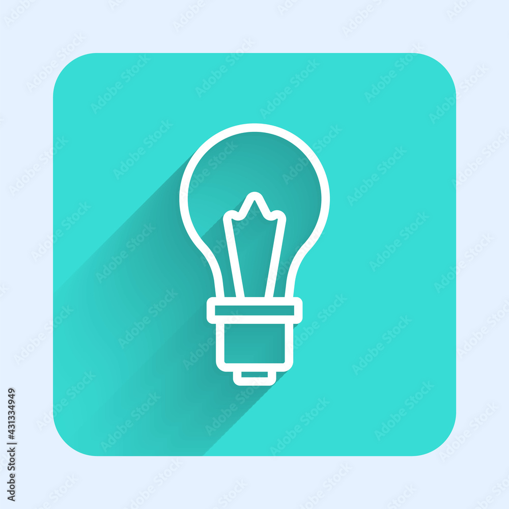 White line Light bulb with concept of idea icon isolated with long shadow. Energy and idea symbol. Inspiration concept. Green square button. Vector White line Light bulb with concept of idea icon isolated with long shadow. Energy and idea symbol. Inspiration concept. Green square button. Vector