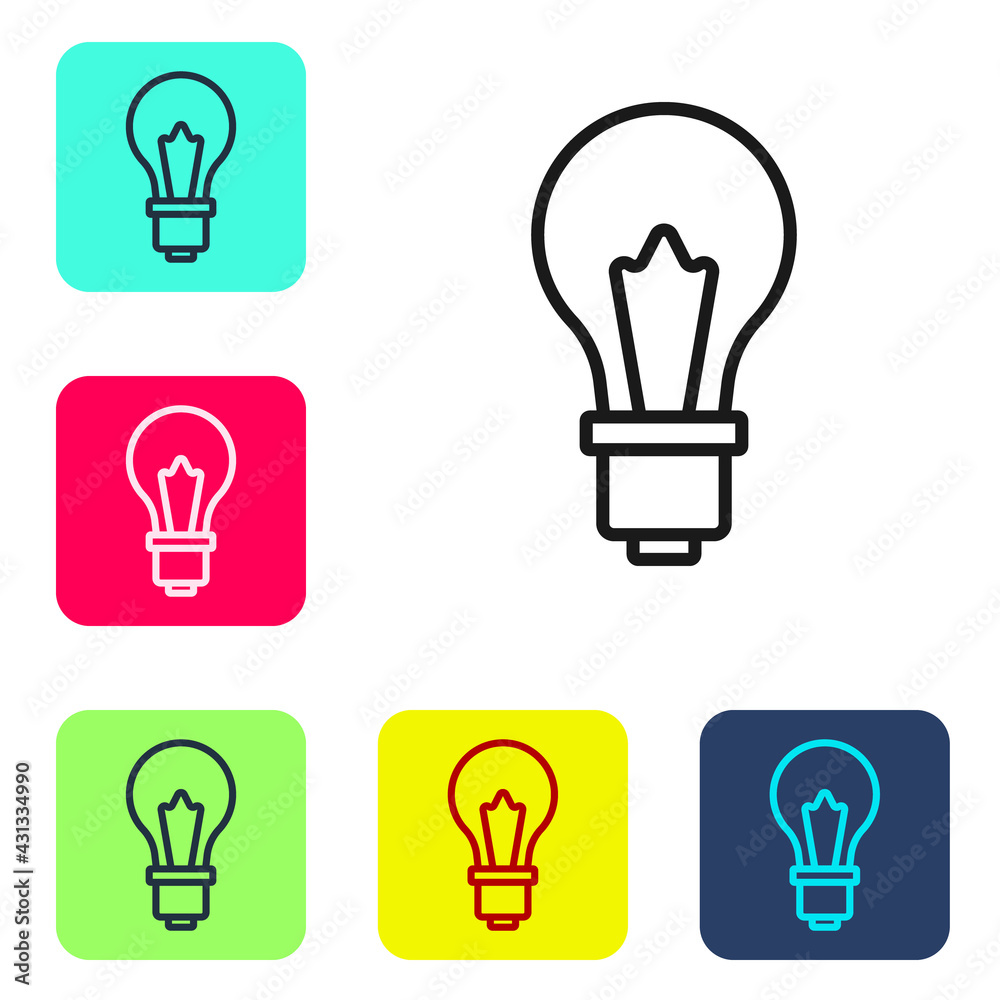 Black line Light bulb with concept of idea icon isolated on white background. Energy and idea symbol. Inspiration concept. Set icons in color square buttons. Vector
